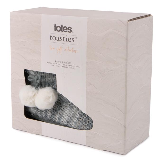 totes Ladies Knitted Boot Slippers With Pom Pom Grey Extra Image 7